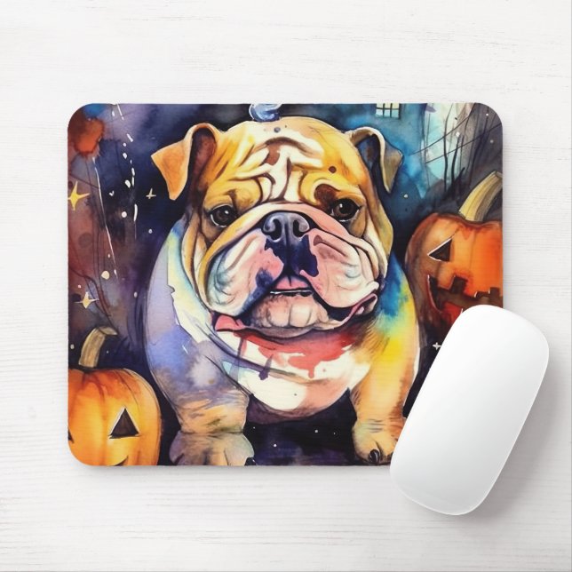 Alfombrilla De Ratón Bulldog de Halloween con calabazas temerosas (Con ratón)