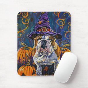 Alfombrilla De Ratón Bulldog Espeluznante Bruja de Halloween y Calabaza