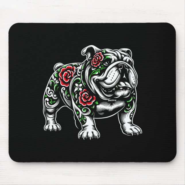 Alfombrilla De Ratón Bulldog Floral Red Rose Mens Womens  (Frente)