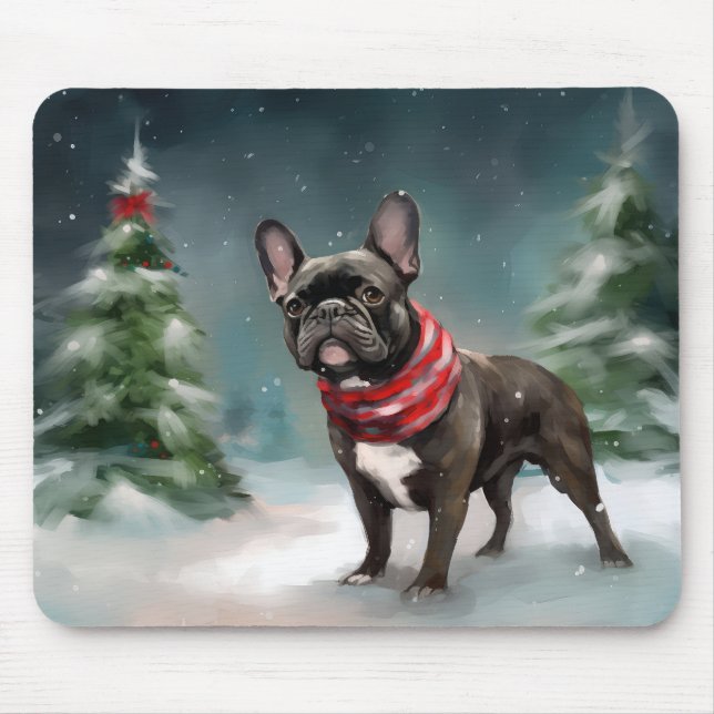 Alfombrilla De Ratón Bulldog francés en Navidades de nieve (Frente)