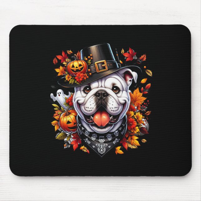 Alfombrilla De Ratón Bulldog inglés de Halloween Cae deja calabazas Gho (Frente)