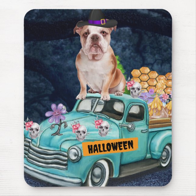 Alfombrilla De Ratón Bulldog inglés Halloween Camión noche temerosa (Frente)