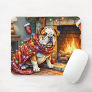 Alfombrilla De Ratón Bulldog sentado junto a la chimenea con luces de N