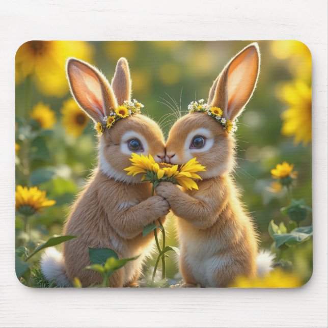Alfombrilla De Ratón Bunnies oliendo un girasol amarillo (Frente)