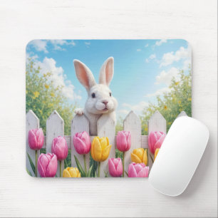 Alfombrilla De Ratón Bunny blanco en un jardín de tulipanes