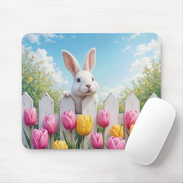 Alfombrilla De Ratón Bunny blanco en un jardín de tulipanes (Con ratón)