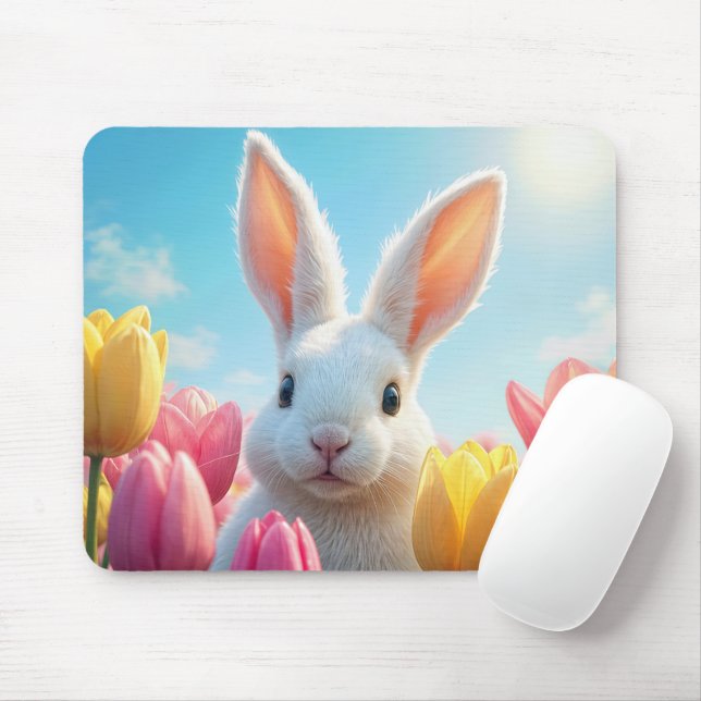 Alfombrilla De Ratón Bunny blanco en un jardín de tulipanes (Con ratón)