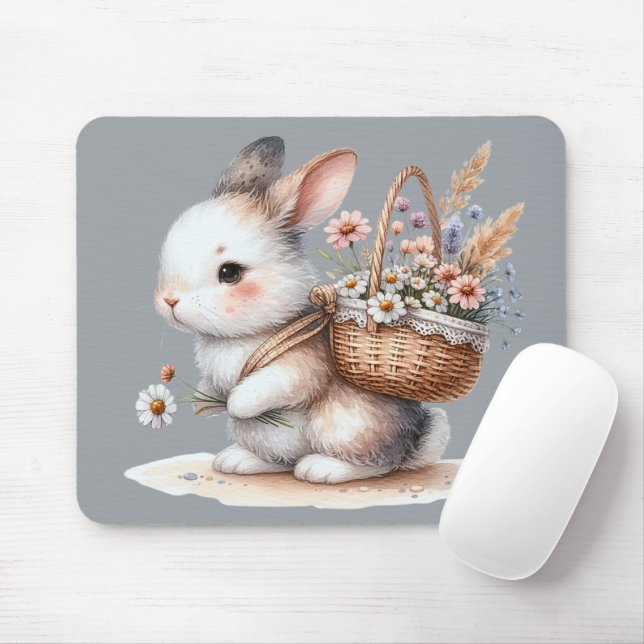 Alfombrilla De Ratón Bunny lindo con flores acuarela arte (Con ratón)