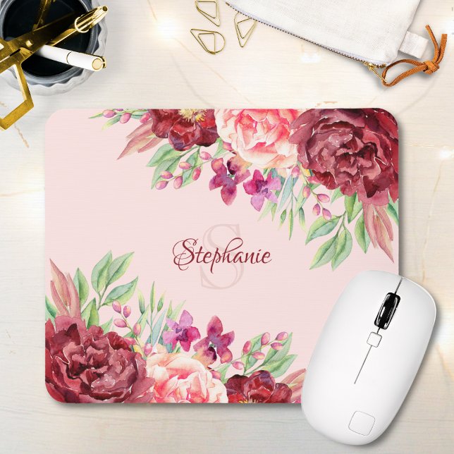 Alfombrilla De Ratón Burgundy Rubor Floral Monograma Nombre (Subido por el creador)
