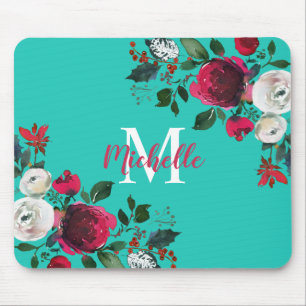 Alfombrilla De Ratón Burgundy Watercolor Peony Rosa Floral Monogramado