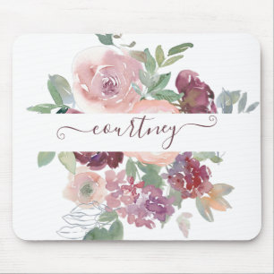 Alfombrilla De Ratón Burgundy y floral acuarela rosa personalizado  