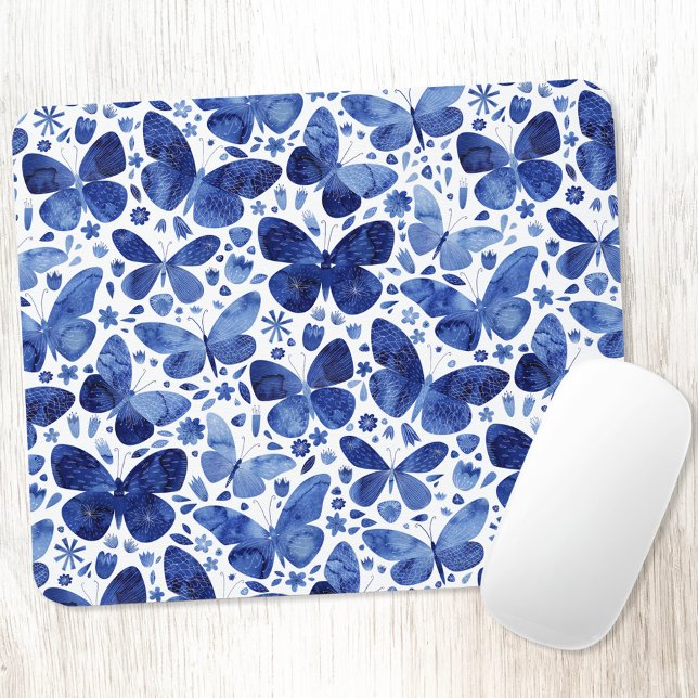 Alfombrilla De Ratón Butterflies Watercolor Blue (Navy indigo blue watercolor butterfly pattern art mousemat)