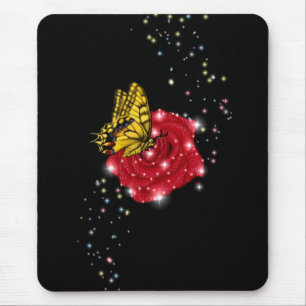 Alfombrilla De Ratón Butterfly on red Rose with Stars and Raindrops