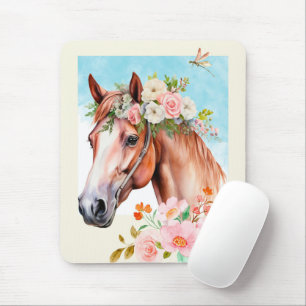 Alfombrilla De Ratón Caballo acuarela y arte florido