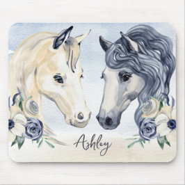 Alfombrilla De Ratón Caballo azul gris con flores nombre personalizado