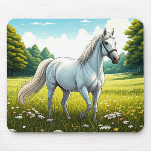 Alfombrilla De Ratón Caballo blanco de pie en un campo de hierba