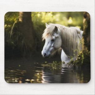Alfombrilla De Ratón Caballo blanco en estanque