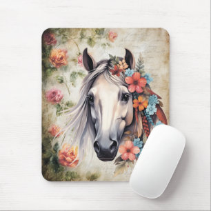 Alfombrilla De Ratón Caballo blanco en flores.