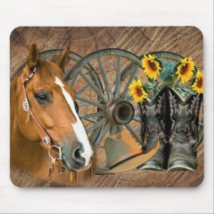 Alfombrilla De Ratón Caballo Cowboy Boots Rueda de vagón girasoles occi