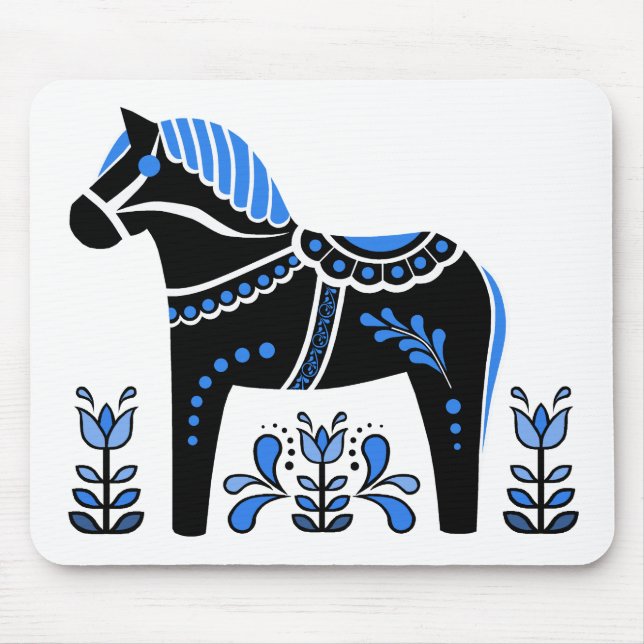 Alfombrilla De Ratón Caballo de dala folclórica negro/blanco/azul/frisó (Frente)
