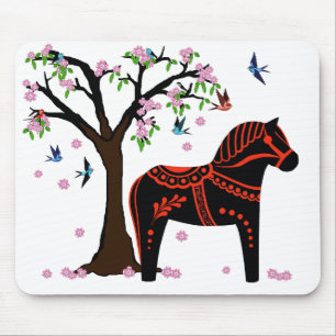 Alfombrilla De Ratón Caballo de dala negro/rojo, pájaro/flor folclórico