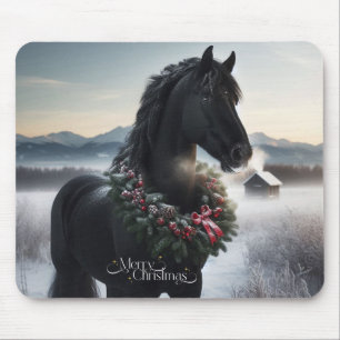 Alfombrilla De Ratón Caballo negro en la nieve con corona de Navidades