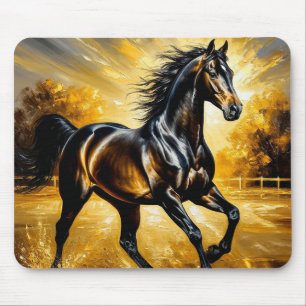 Alfombrilla De Ratón Caballo Negro Salvaje Estética Atardecer Naturalez
