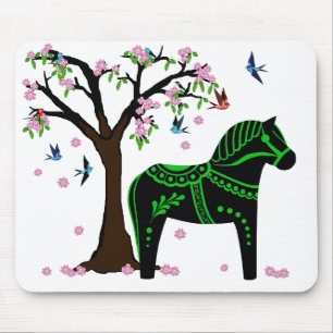 Alfombrilla De Ratón Caballo negro/verde folclórico, pájaro/flor folcló