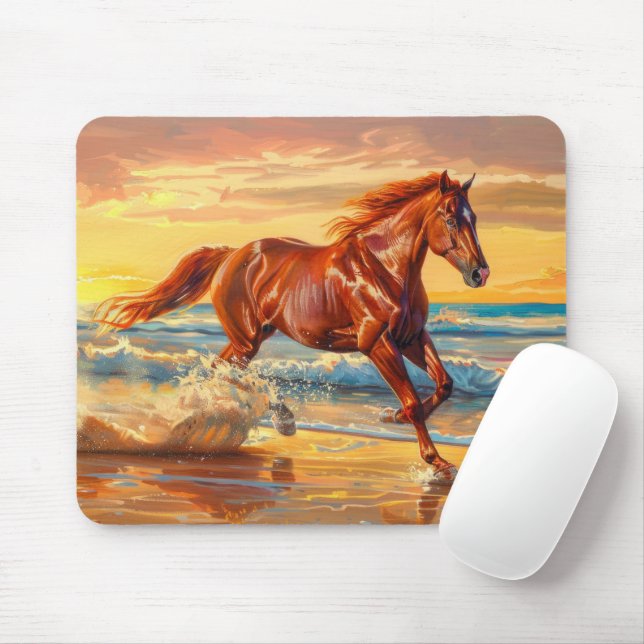 Alfombrilla De Ratón Caballo Playa Océano Atardecer Pintura  (Con ratón)