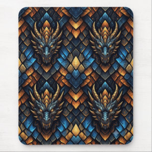 Alfombrilla De Ratón Cabezas de dragón azules y doradas con patrón geom
