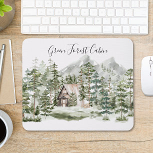 Alfombrilla De Ratón Cabina acuarela en bosque de pinos verdes