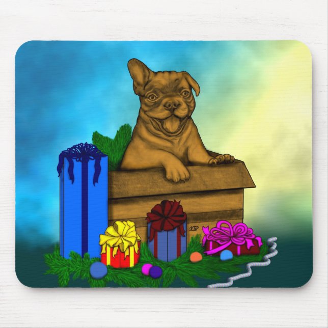 Alfombrilla De Ratón Cachorro en una caja , Feliz Navidad (Frente)