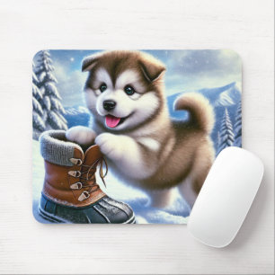 Alfombrilla De Ratón Cachorro Husky Adorable Jugando en Paisaje Inverna