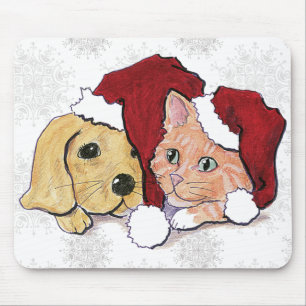Alfombrilla De Ratón Cachorro labrador adorable de Navidad y gato atigr
