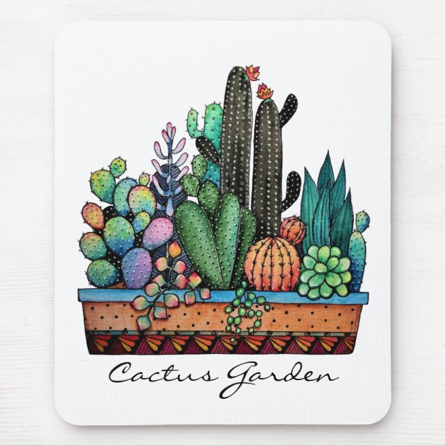 Alfombrilla De Ratón Cactus Garden Cute Watercolor En Pot (Frente)