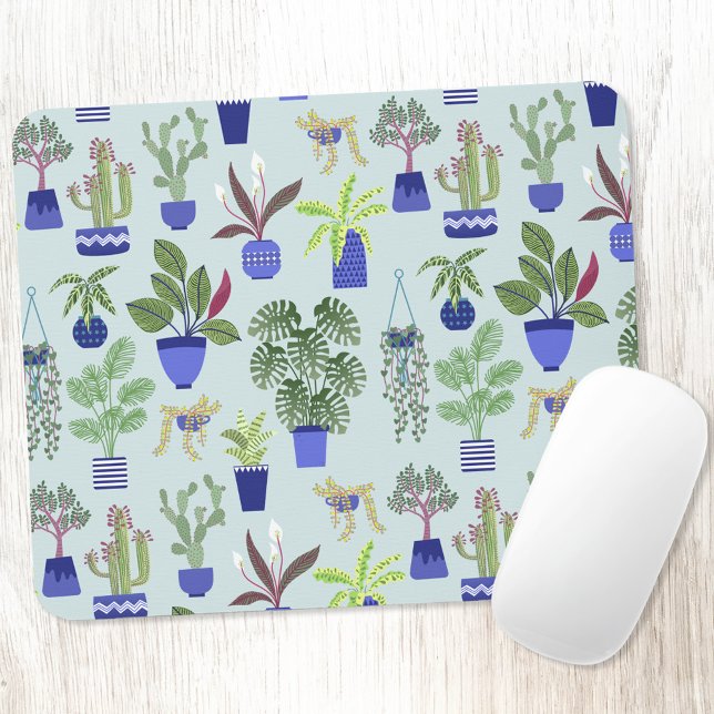 Alfombrilla De Ratón Cactus Succulum Blue de la planta de la casa (Houseplant cactus and succulent pattern modern plant themed mouse mat)