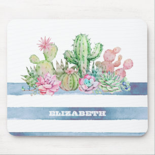 Alfombrilla De Ratón Cactus Suculento Flores a la Acuarela Rayas