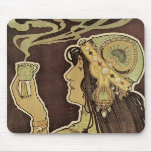 Alfombrilla De Ratón Café Rajah Art Nouveau Vintage, Mujer con Café