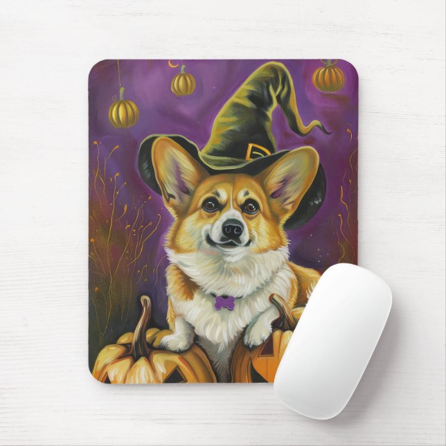 Alfombrilla De Ratón Calabaza de Brujas de Perro de Corgi Halloween (Con ratón)