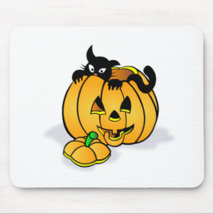 Alfombrilla De Ratón Calabaza de Halloween con gato negro