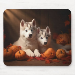 Alfombrilla De Ratón Calabaza deslumbrante siberiana Husky Puppy otoño