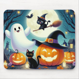 Alfombrilla De Ratón Calabaza, gato y fantasma de Halloween.