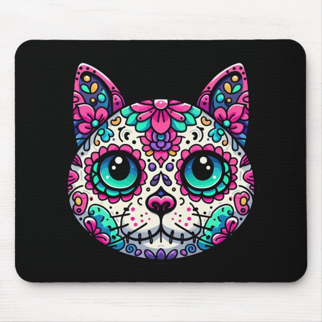 Alfombrilla De Ratón Calavera de azúcar de gato colorida (Frente)