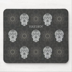Alfombrilla De Ratón Calavera gótica de azúcar y patrón geométrico gris