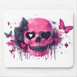 Alfombrilla De Ratón Calavera rosa con mariposas y corazones
