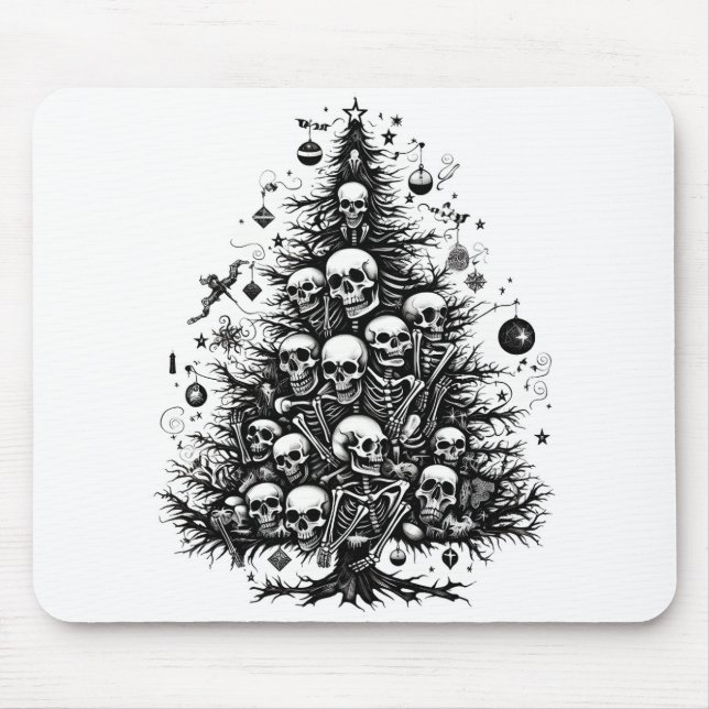 Alfombrilla De Ratón Calaveras y huesos del árbol de Navidad negro (Frente)