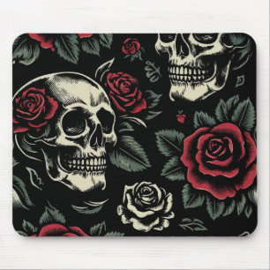 Alfombrilla De Ratón Calaveras y rosas rojas Floral gótico
