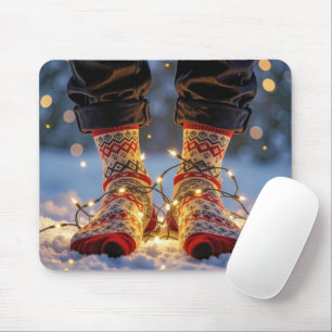 Alfombrilla De Ratón Calcetines de Navidad y Luces Navideñas en Nieve