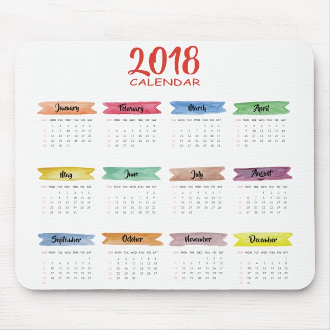 Alfombrilla De Ratón Calendario 2018 de la acuarela el | Mousepad (Frente)
