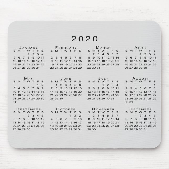 Alfombrilla De Ratón Calendario 2020 Simple gris y negro (Frente)